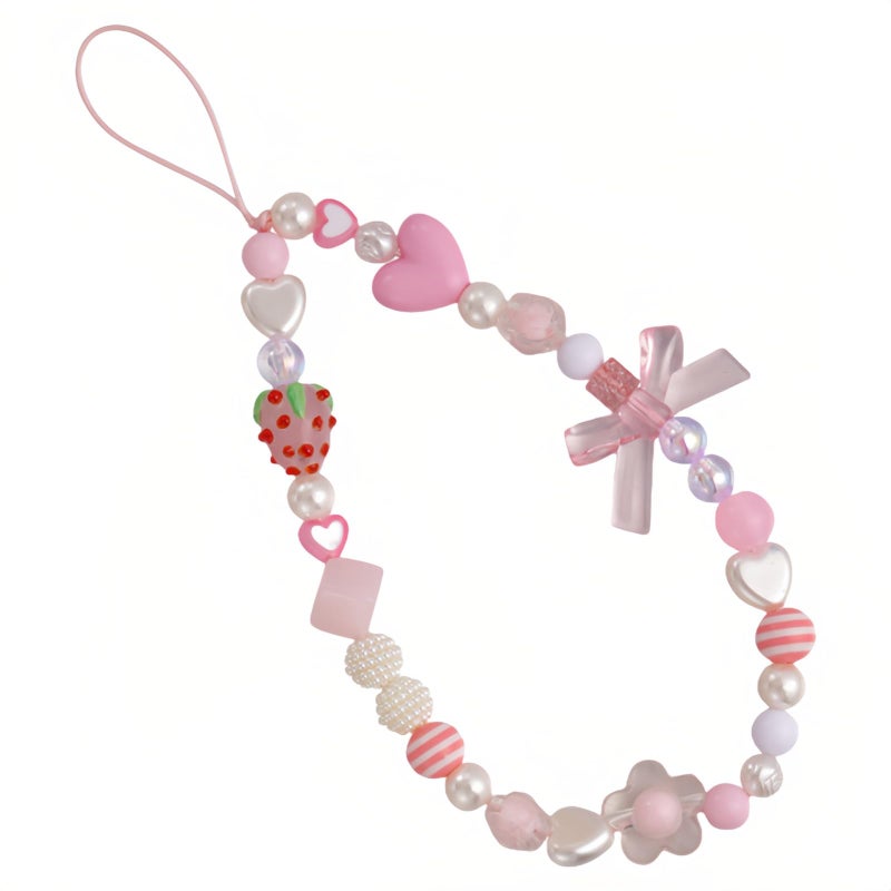 RyanDesign Strawberry Charm Phone Strap & Wristlet - Anti-Loss Sparkle Beaded Lanyard for Phone camera, Cute Kawaii Gift for Women Girls (Pink Pearl Bow), Short Lightweight Design - Image 1