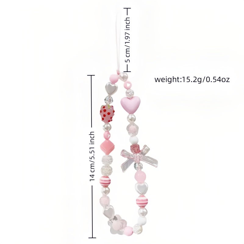 RyanDesign Strawberry Charm Phone Strap & Wristlet - Anti-Loss Sparkle Beaded Lanyard for Phone camera, Cute Kawaii Gift for Women Girls (Pink Pearl Bow), Short Lightweight Design - Image 2