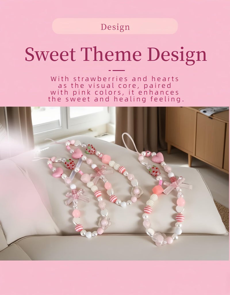RyanDesign Strawberry Charm Phone Strap & Wristlet - Anti-Loss Sparkle Beaded Lanyard for Phone camera, Cute Kawaii Gift for Women Girls (Pink Pearl Bow), Short Lightweight Design - Image 5