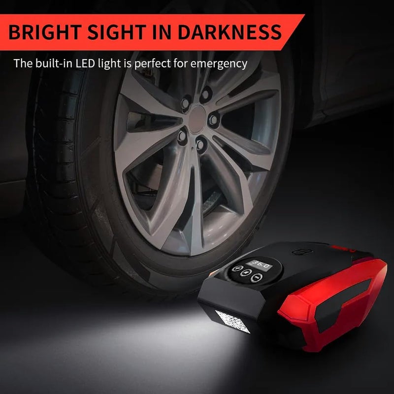 Lyrovo Tyre Inflator Portable Air Compressor Tire Air Pump for Car Tires - Car Accessories, 12V DC Auto Pump with Digital Pressure Gauge, Emergency LED Light for Bicycle, Balloons (LY1166, Red) - Image 5