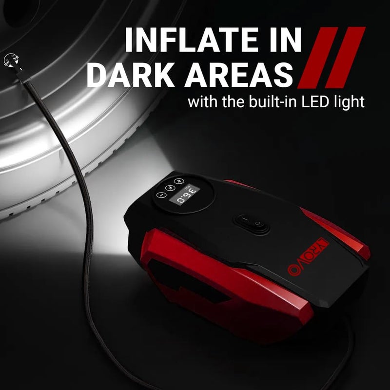 Lyrovo Tyre Inflator Portable Air Compressor Tire Air Pump for Car Tires - Car Accessories, 12V DC Auto Pump with Digital Pressure Gauge, Emergency LED Light for Bicycle, Balloons (LY1166, Red) - Image 2