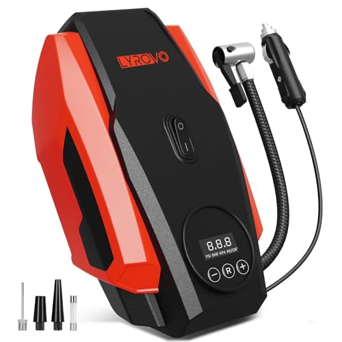 Lyrovo Tyre Inflator Portable Air Compressor Tire Air Pump for Car Tires - Car Accessories, 12V DC Auto Pump with Digital Pressure Gauge, Emergency LED Light for Bicycle, Balloons (LY1166, Red) - Image 1
