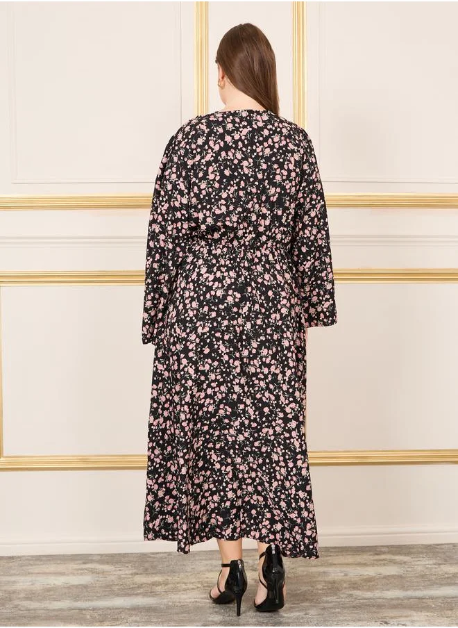 Styli Plus Ditsy Print Wrap Maxi Dress