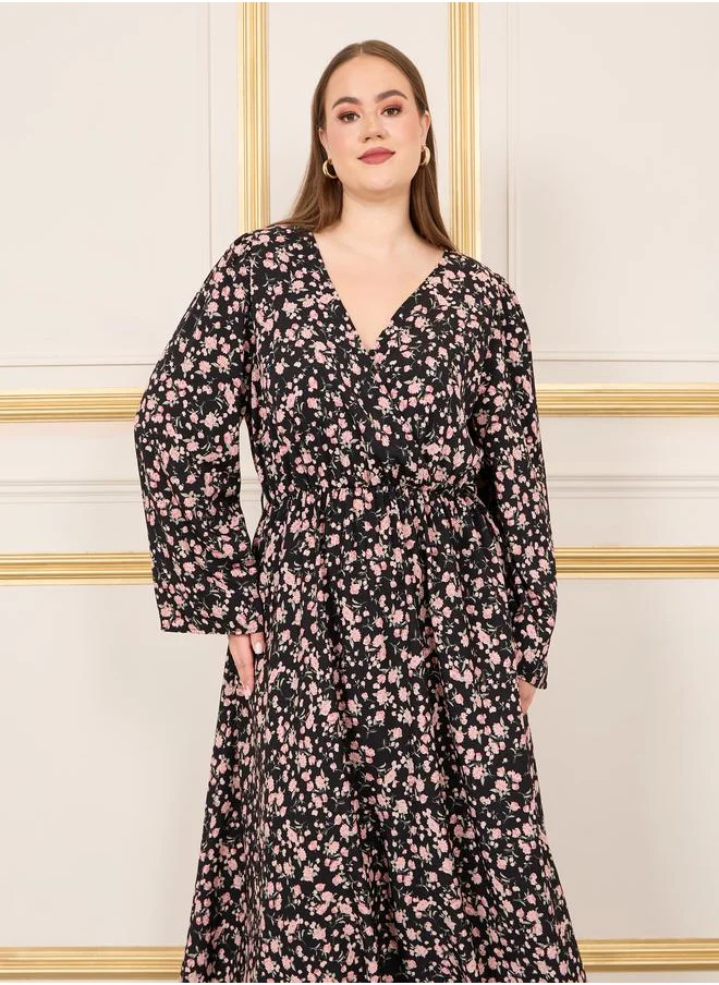 Styli Plus Ditsy Print Wrap Maxi Dress