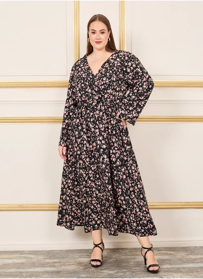 Styli Plus Ditsy Print Wrap Maxi Dress