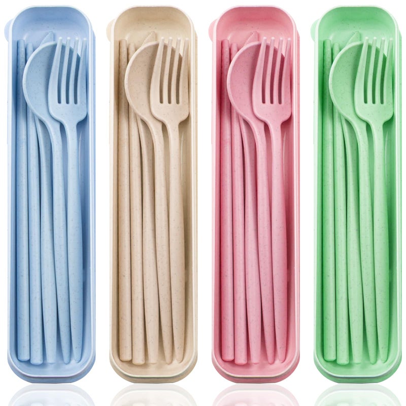 ELANE 4 Sets Reusable Travel Utensils Set with Case,Camping Cutlery Set Reusable Cutlery Set with Case,Utensil Sets for Lunch Picnic Daily Use Outdoor - Image 1