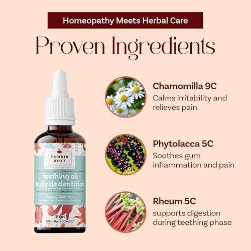 Punkin Butt Teething Oil for Babies, Herbal Plant-Based Formula Infused with Chamomile, Clove & Peppermint & Enhanced with Natural Homeopathics - Chamomilla, Phytolacca & Rheum, 1oz Bottle - Image 4