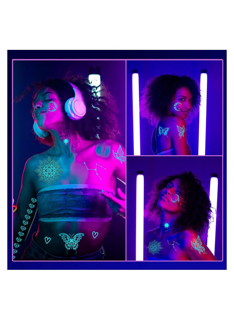 KASTWAVE Luminous Mandala Flower Temporary Tattoo Stickers, Blue Glow Tattoos Sticker in the Dark for Woman Girls Hand Arm Body Art, 10 Sheets Fake Tattoos Neon Body Face Skin Tattoo - Image 4