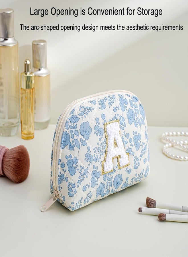 WHHJM Initial Dome Cosmetic Makeup Bag Small Cotton Quilted Makeup Pouch for Purse Cute Blue Floral Travel Toiletry Zipper Pouch (Blue Floral A) - Image 2