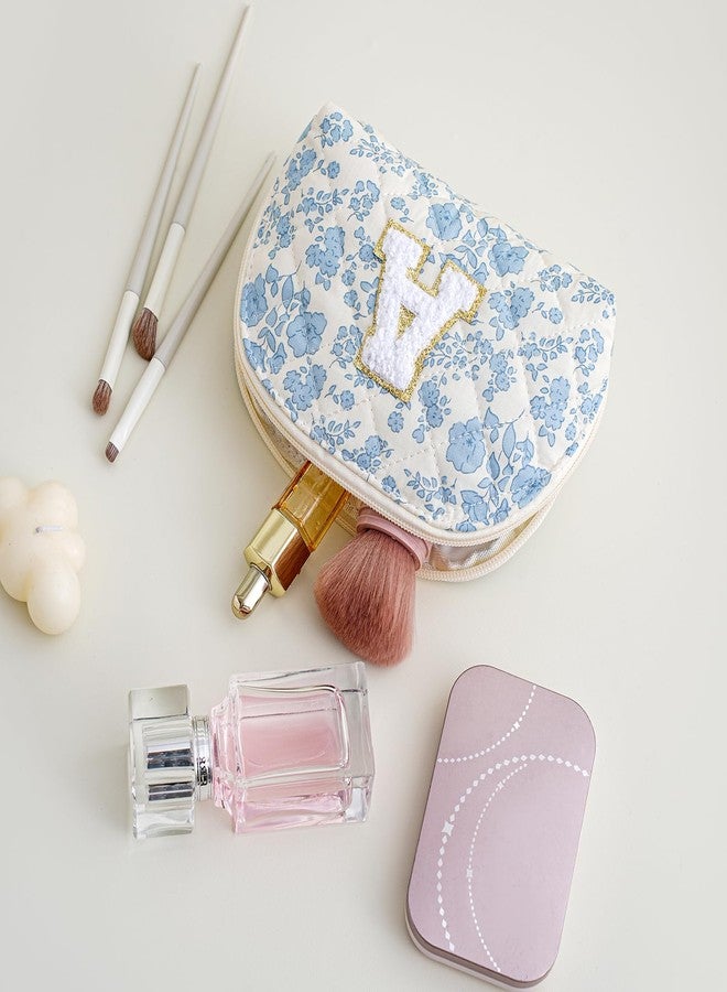 WHHJM Initial Dome Cosmetic Makeup Bag Small Cotton Quilted Makeup Pouch for Purse Cute Blue Floral Travel Toiletry Zipper Pouch (Blue Floral A) - Image 3