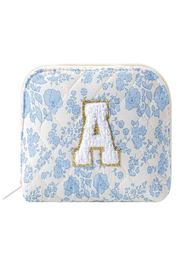 WHHJM Initial Dome Cosmetic Makeup Bag Small Cotton Quilted Makeup Pouch for Purse Cute Blue Floral Travel Toiletry Zipper Pouch (Blue Floral A) - Image 1