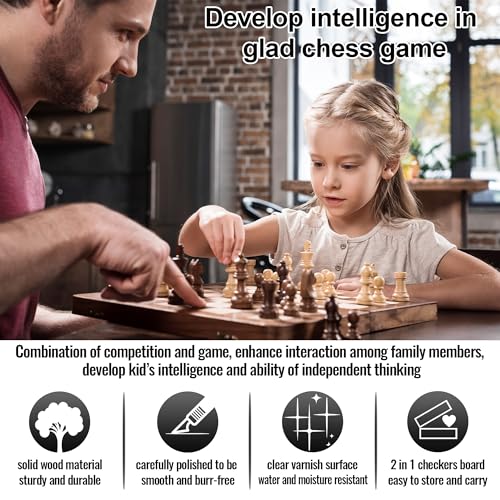 QUMMFA 2 in 1 Wooden Chess and Checkers Set Folding Magnetic Chess Board with Storage Slots Chess Pieces Portable Travel Chess Set for Adults Kids Includes Carry Bag - Image 5