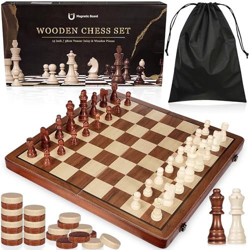 QUMMFA 2 in 1 Wooden Chess and Checkers Set Folding Magnetic Chess Board with Storage Slots Chess Pieces Portable Travel Chess Set for Adults Kids Includes Carry Bag - Image 1