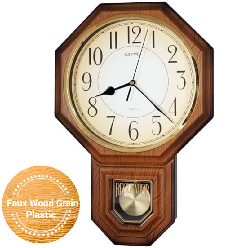 JUSTIME Traditional Schoolhouse Gradient Arabic Regulator Wall Clock Chiming Wall Clocks with Pendulum Westminster Chime Hourly Schoolhouse Wall Decor Battery Operated Light Wood Grain