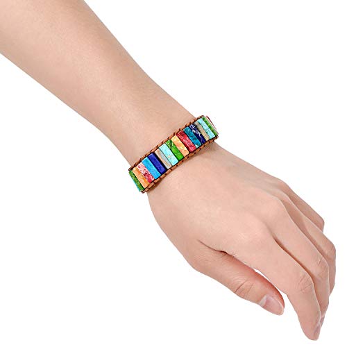 sedmart Fashion Gemstone Handmade Jewelry Multicolor Yoga Friendship Boho Leather Rectangle Stone Healing Sunflower Button Wrap Bracelet - Image 3
