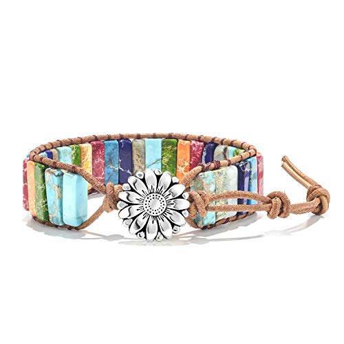 sedmart Fashion Gemstone Handmade Jewelry Multicolor Yoga Friendship Boho Leather Rectangle Stone Healing Sunflower Button Wrap Bracelet - Image 1