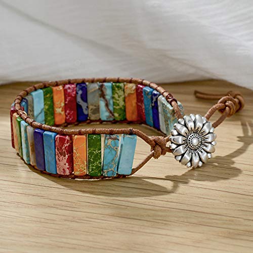 sedmart Fashion Gemstone Handmade Jewelry Multicolor Yoga Friendship Boho Leather Rectangle Stone Healing Sunflower Button Wrap Bracelet - Image 4