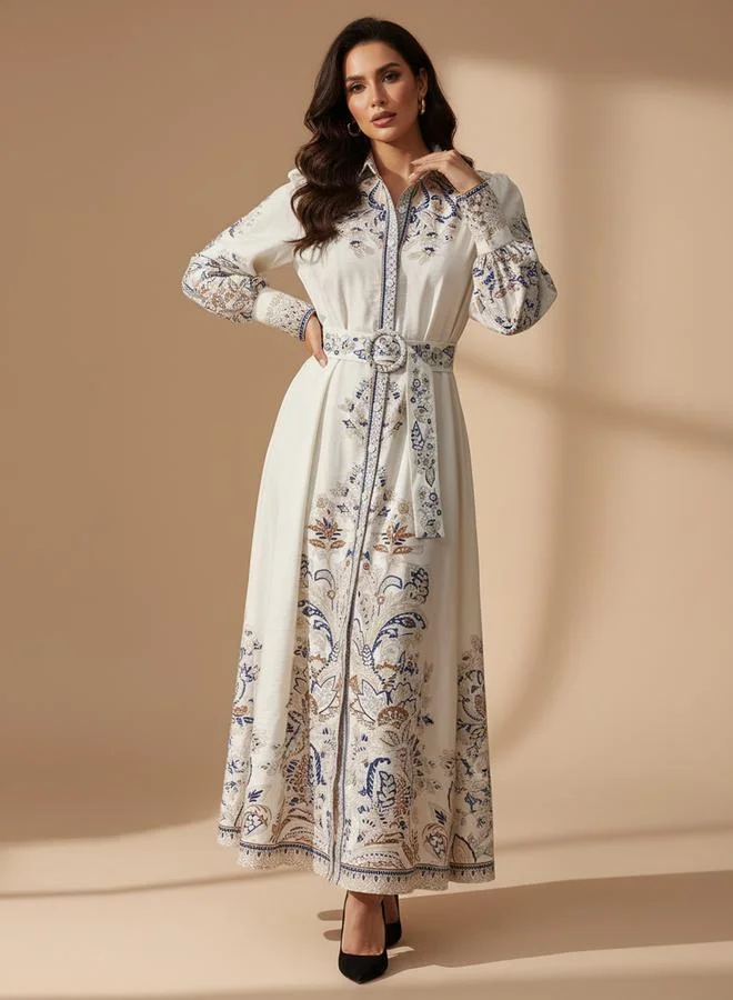 Take Two Beige Graphic Print Belted Shirt Maxi Dress