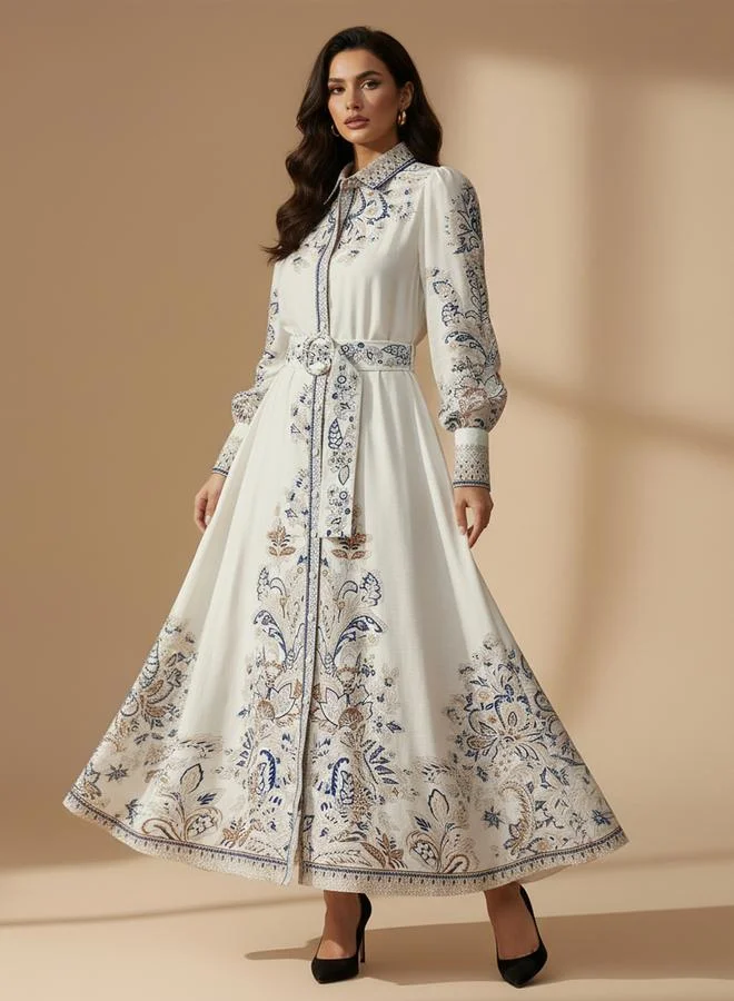 Take Two Beige Graphic Print Belted Shirt Maxi Dress