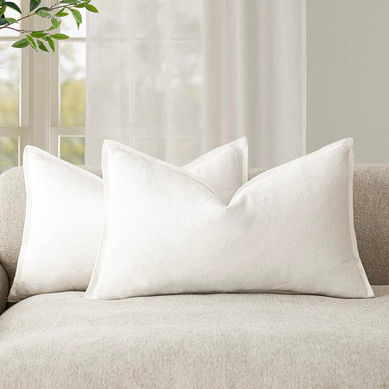 Foindtower Pack of 2 Decorative Linen Soild Throw Pillow Covers Soft Accent Lumbar Cushion Case Boho Farmhouse Neutral Pillowcase for Couch Sofa Bed Living Room Home Decor 12 x 20 Inch Cream White