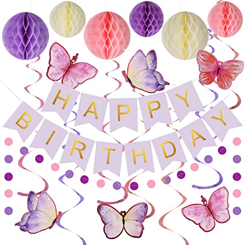 meowtastic Birthday Decorations, Happy Birthday Banner with Honeycomb Balls, Butterfly Hanging Swirl Streamers, Circle Dots Garland, Happy Birthday Party Decorations for Women Men Boys Girls (Purple) - Image 1
