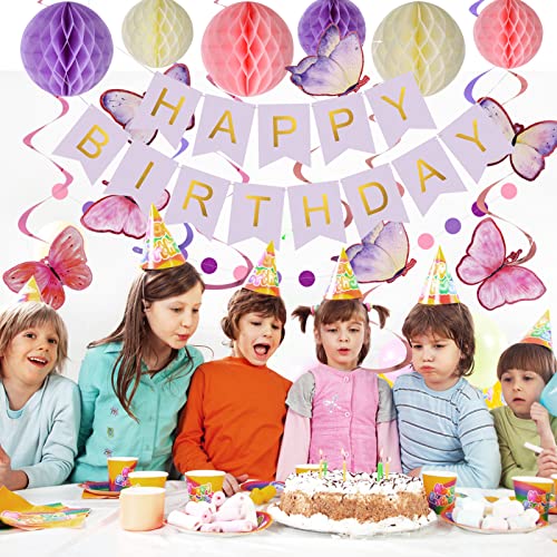 meowtastic Birthday Decorations, Happy Birthday Banner with Honeycomb Balls, Butterfly Hanging Swirl Streamers, Circle Dots Garland, Happy Birthday Party Decorations for Women Men Boys Girls (Purple) - Image 3