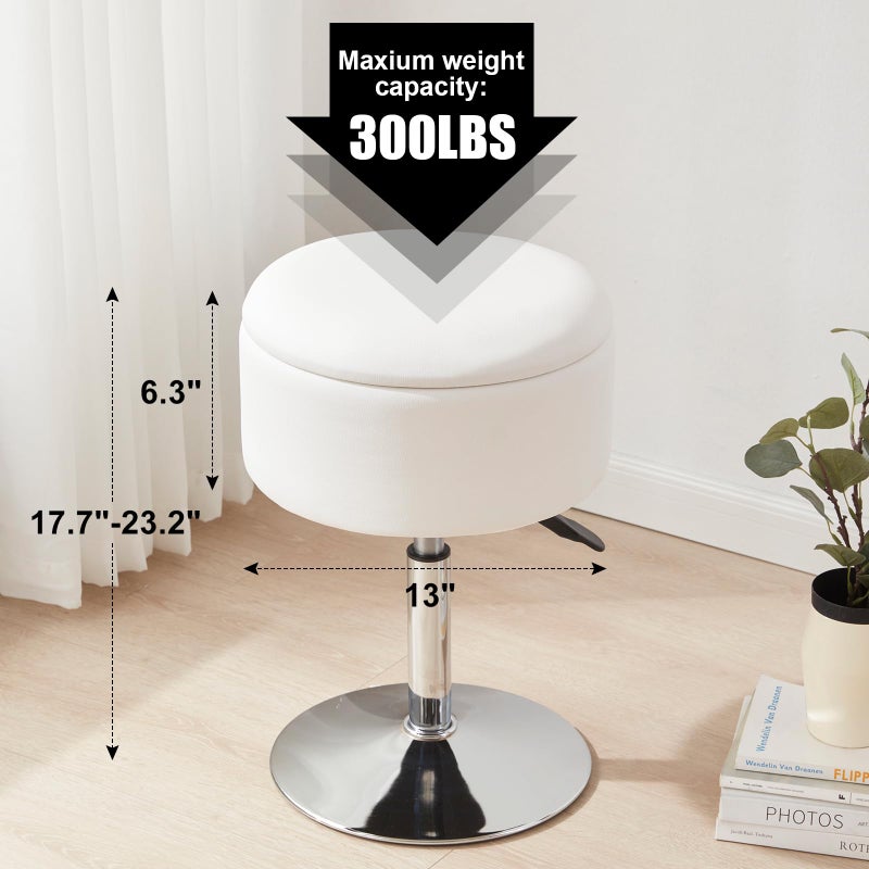 RUCUKEN Adjustable Ottoman Stool White Vanity Stool Vanity Chair for Makeup Room Stool Chair for Vanity Stool with Storage Makeup Stools with Storage Swivel Makeup Chair for Bathroom Faux Leather - Image 4