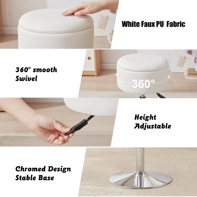 RUCUKEN Adjustable Ottoman Stool White Vanity Stool Vanity Chair for Makeup Room Stool Chair for Vanity Stool with Storage Makeup Stools with Storage Swivel Makeup Chair for Bathroom Faux Leather - Image 5