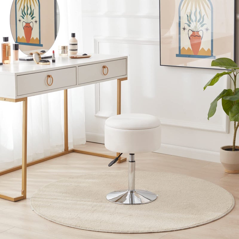 RUCUKEN Adjustable Ottoman Stool White Vanity Stool Vanity Chair for Makeup Room Stool Chair for Vanity Stool with Storage Makeup Stools with Storage Swivel Makeup Chair for Bathroom Faux Leather - Image 2
