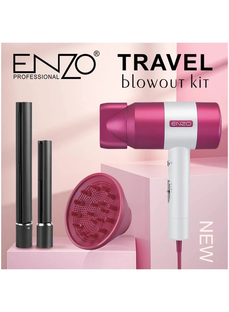ENZO Professional مجموعة إنزو EN-139 للسفر الاحترافي - مجفف شعر عالي السرعة بخطوة واحدة، مكواة شعر قابلة للشحن، مكواة تجعيد وأدوات تصفيف متكاملة - Image 1