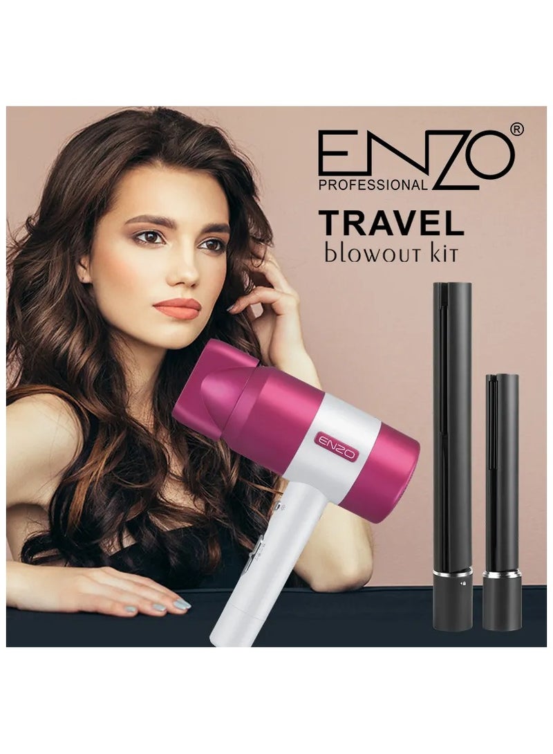 ENZO Professional مجموعة إنزو EN-139 للسفر الاحترافي - مجفف شعر عالي السرعة بخطوة واحدة، مكواة شعر قابلة للشحن، مكواة تجعيد وأدوات تصفيف متكاملة - Image 3
