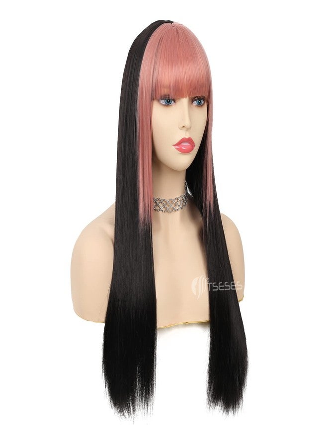 Tseses Pink and Black Long Straight Wigs with Bangs for Women Two Tone Synthetic Wig for Daily Cosplay Halloween Party Use - Image 4
