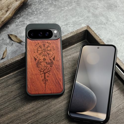 Carveit Magnetic Wooden Case for Google Pixel 10 Pro XL Case, Wood Artisan Engraved & Soft TPU Shockproof Cover, Compatible with MagSafe Wireless Chargers (The Guiding Vegvisir) Rosy - Image 5