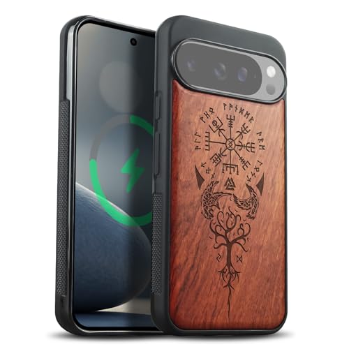 Carveit Magnetic Wooden Case for Google Pixel 10 Pro XL Case, Wood Artisan Engraved & Soft TPU Shockproof Cover, Compatible with MagSafe Wireless Chargers (The Guiding Vegvisir) Rosy - Image 1
