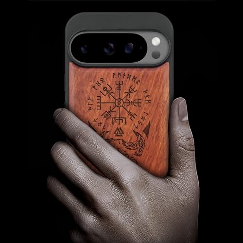 Carveit Magnetic Wooden Case for Google Pixel 10 Pro XL Case, Wood Artisan Engraved & Soft TPU Shockproof Cover, Compatible with MagSafe Wireless Chargers (The Guiding Vegvisir) Rosy - Image 2