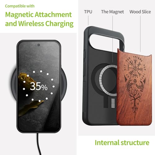 Carveit Magnetic Wooden Case for Google Pixel 10 Pro XL Case, Wood Artisan Engraved & Soft TPU Shockproof Cover, Compatible with MagSafe Wireless Chargers (The Guiding Vegvisir) Rosy - Image 4