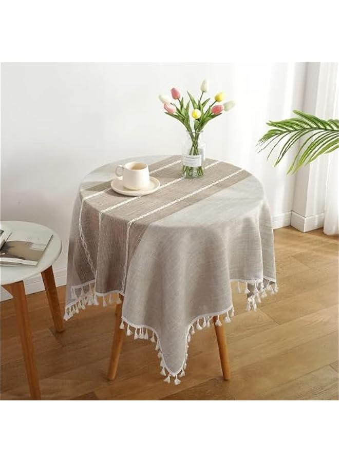 ميكسد الكتان مفرش المائدة الثقيلة البوهيمي كوخ مفرش المائدة مخيط شرابة قابل للغسل مفرش المائدة المستخدمة في المطبخ الطرف العشاء نزهة الجدول الديكور ( براون ) - Image 1