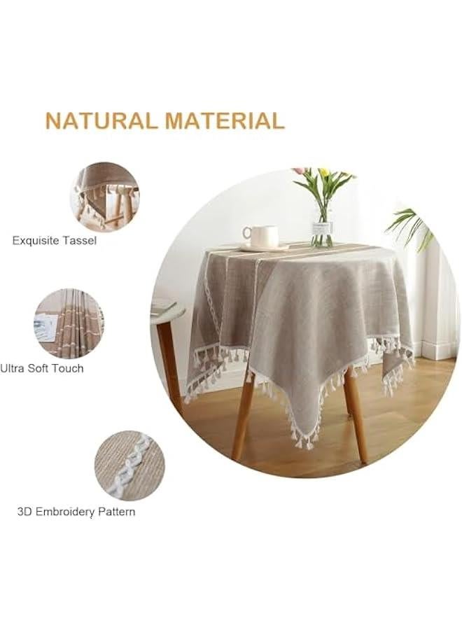 ميكسد الكتان مفرش المائدة الثقيلة البوهيمي كوخ مفرش المائدة مخيط شرابة قابل للغسل مفرش المائدة المستخدمة في المطبخ الطرف العشاء نزهة الجدول الديكور ( براون ) - Image 4