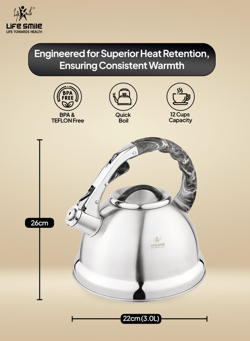 Life Smile 18/10 Stainless steel Kettle-3.0L Kettle with Whistle Spout And Heat Resistant Handle-Stable Base-12cups Capacity-For all Stovetops - Image 3