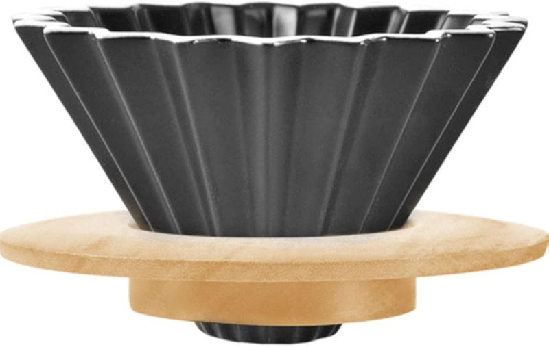 Ceramic Coffee Dripper Pour Over Coffee Maker with Wood Stand Elegant Flower Shape V60 Filter for 1-2 Cups Slow Brewing Accessories for Home Cafe Restaurants Black