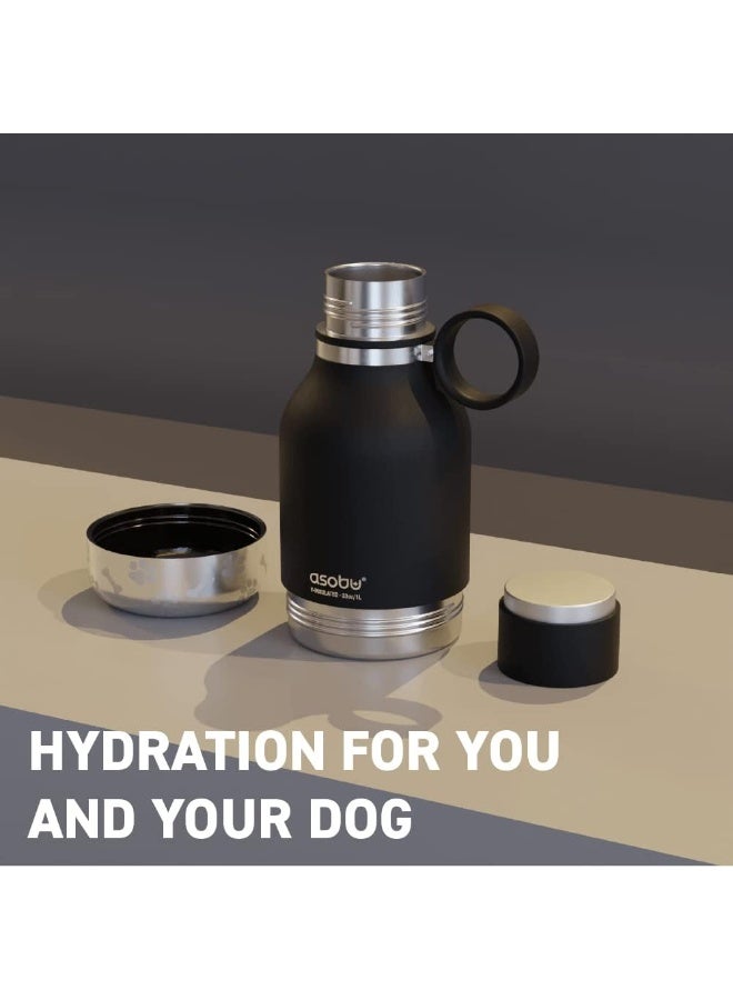 أسوبو زجاجة ماء عازلة من الستانلس ستيل مع وعاء مرفق للحيوانات الأليفة من أسوبو سعة 33 أونصة (1 لتر) – أسود محمولة للكلاب والقطط - Image 2