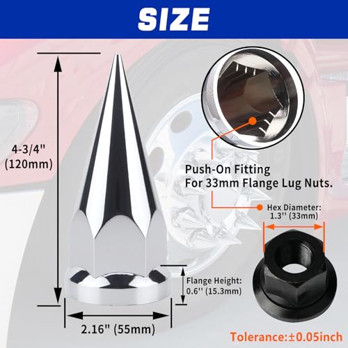 GREPSPUD 33mm x 4 3/4" Chromed Spike Lug Nuts Covers Push On, Truck Chrome ABS Plastic Pointed Spiked Push-on Lug Nut Cover for Semi Trucks, Pack of 20 - Image 2