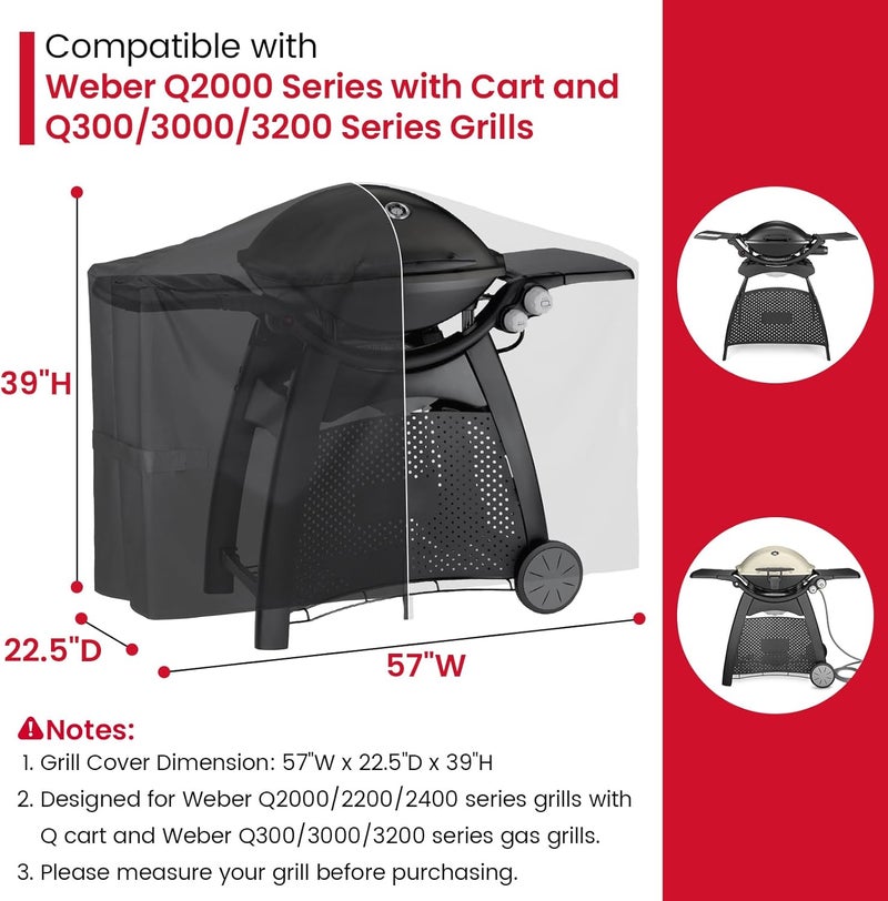 Unicook Grill Cover for Weber Q2000 Q300 Q3000 Q3200 Series Grills, Compared to Weber 7112, Heavy Duty Waterproof Full Length BBQ Grill Cover 57 Inch, Fade and UV Resistant Material, Black - Image 2