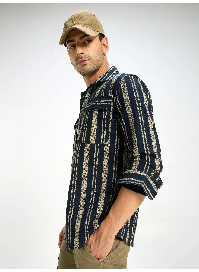 Beyoung Navy Blue and Beige Striped Shirt