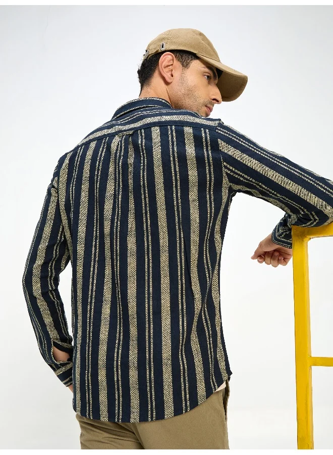 Beyoung Navy Blue and Beige Striped Shirt