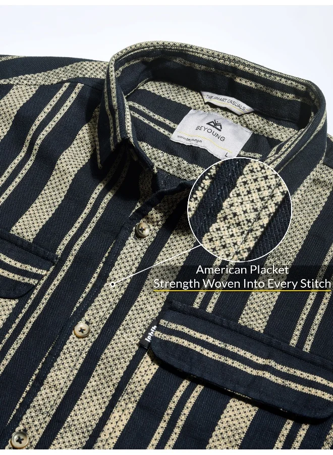 Beyoung Navy Blue and Beige Striped Shirt