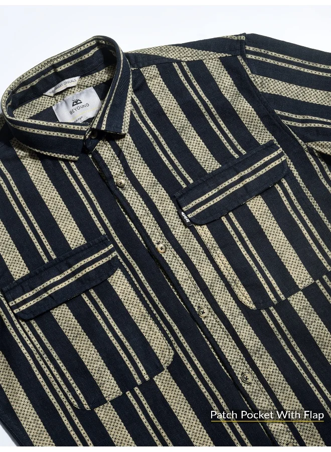 Beyoung Navy Blue and Beige Striped Shirt