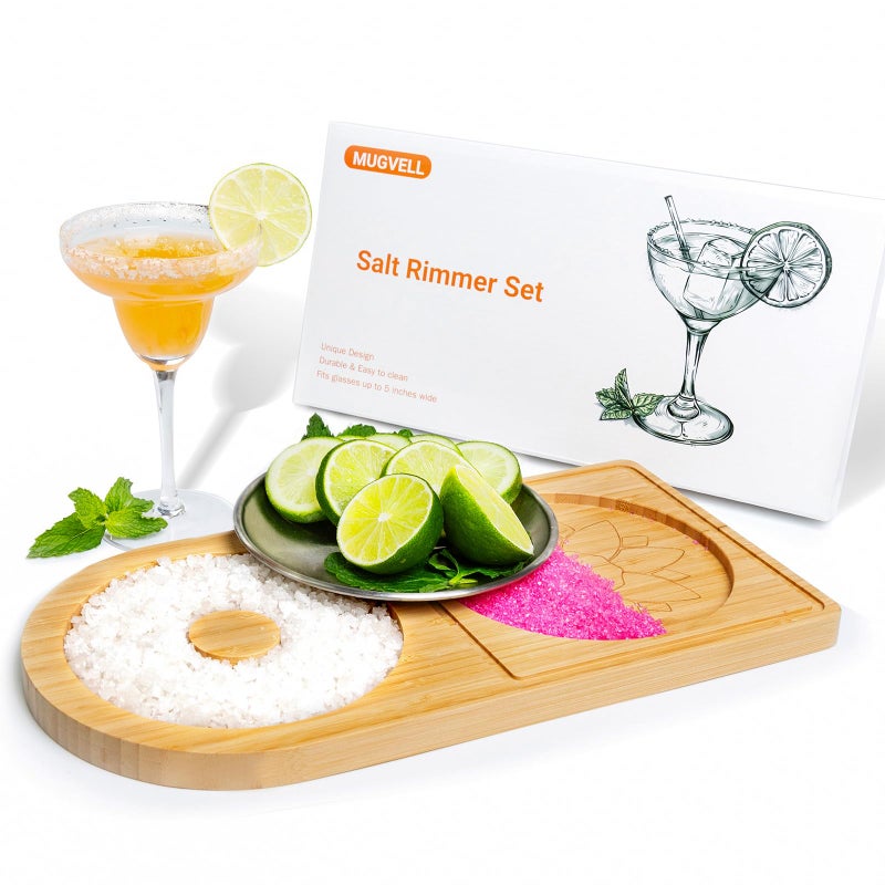 Mugvell Margarita Salt Rimmer Set, Sugar and Salt Rimmer for Cocktails, Bartender Tool with Wood Bamboo Glass Rimmer for up to 5.1" Rims, Essential Margarita Set for Party Bar Celebration - Image 1