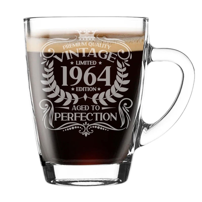 61st Birthday Gift for Men Vintage 1964 Aged to Perfection Engraved Glass Mug Gift for Coffee Lovers Tea Cup Present for 61 Year Old 300ml Coffee Mug Funny Novelty Mug Gift For Men or Women