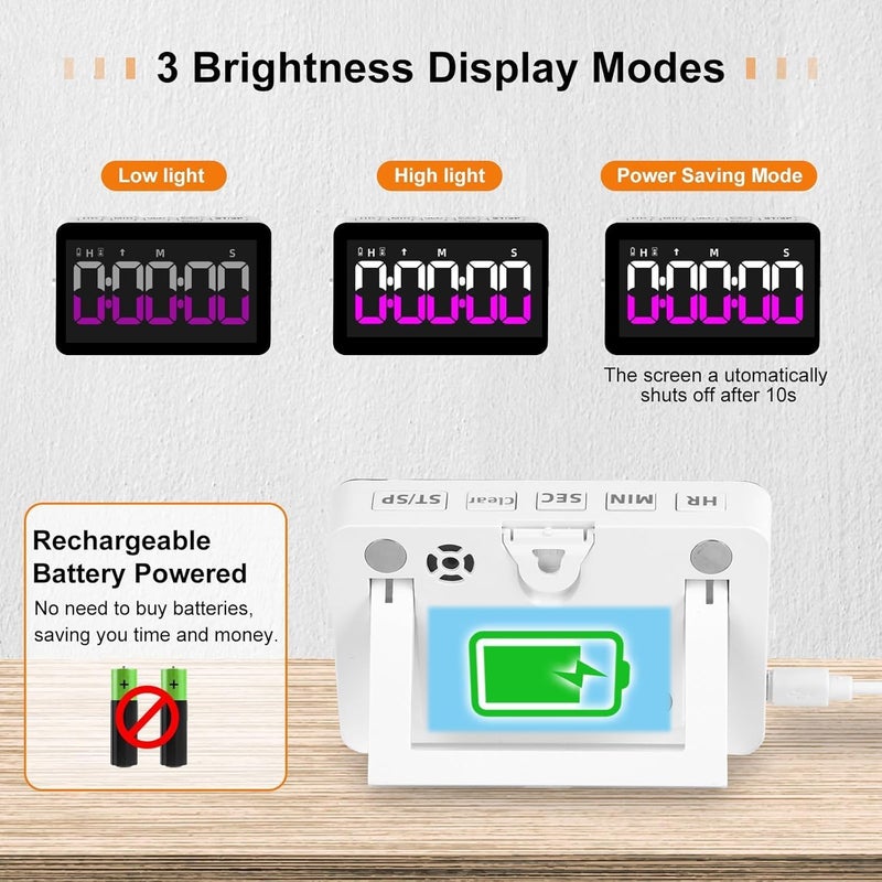 PERSUPER Kitchen Digital Timer, Count Down Up, Rechargeable, Vibration Mode Adjustable Volume and Brightness LED Display, Time Management Cook, Desk, Kids Adults Study Teaching, Kitchen Gadgets - Image 4